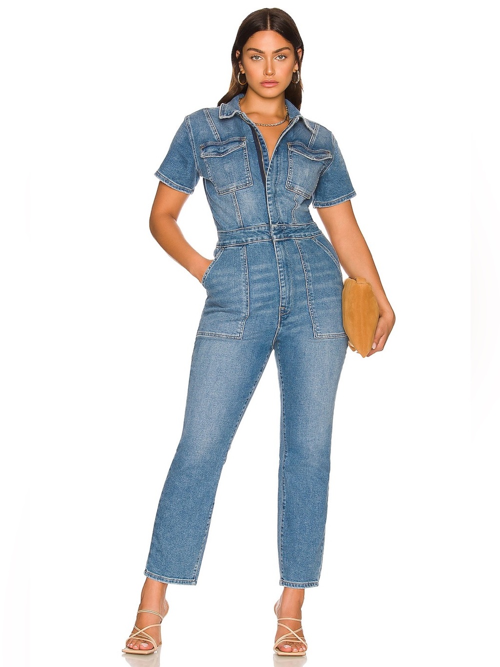 Good American Fit For Success Denim Jumpsuit Blue274 Utility Zip Front Size 3 💚